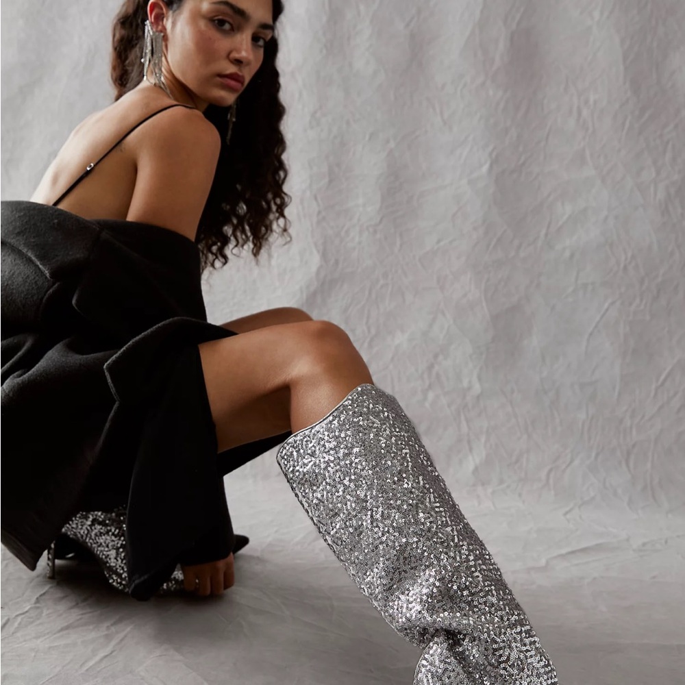 Free People After Midnight Silver Sequin Knee-High Boots